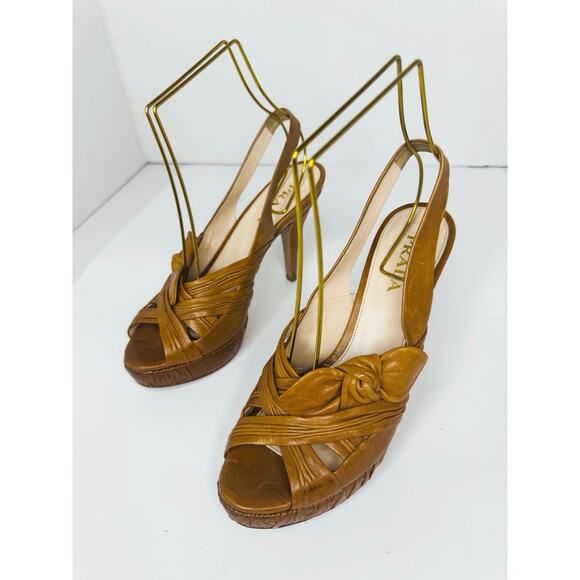 Prada Tan Leather Slingback Heels Size 36 Knotted Platform Sandals - Picture 8 of 11